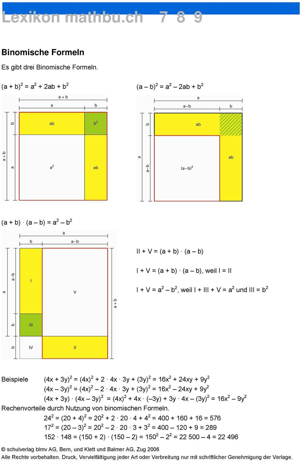 V = a 2 und III = b 2 Beispiele (4x + 3y) 2 = (4x) 2 + 2 4x 3y + (3y) 2 = 16x 2 + 24xy + 9y 2 (4x 3y) 2 = (4x) 2 2 4x 3y + (3y) 2 = 16x 2 24xy + 9y 2 (4x + 3y) (4x