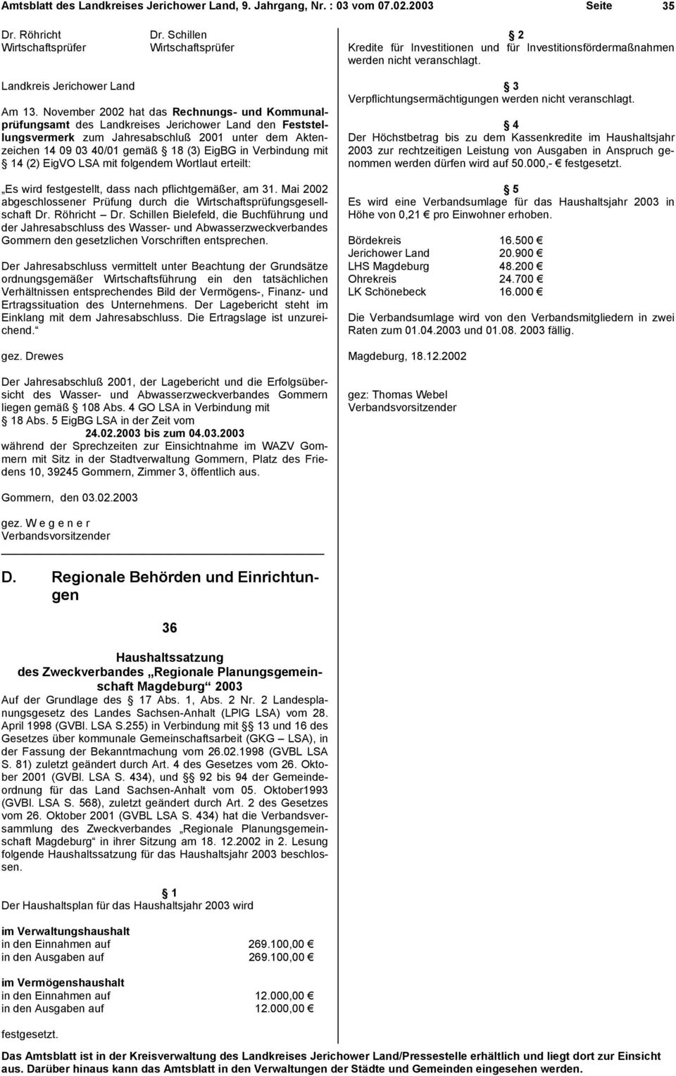 Verbindung mit 14 (2) EigVO LSA mit folgendem Wortlaut erteilt: Es wird festgestellt, dass nach pflichtgemäßer, am 31. Mai 2002 abgeschlossener Prüfung durch die Wirtschaftsprüfungsgesellschaft Dr.