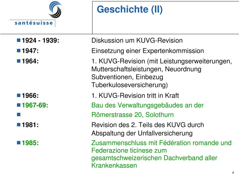 KUVG-Revision tritt in Kraft 1967-69: Bau des Verwaltungsgebäudes an der Römerstrasse 20, Solothurn 1981: Revision des 2.