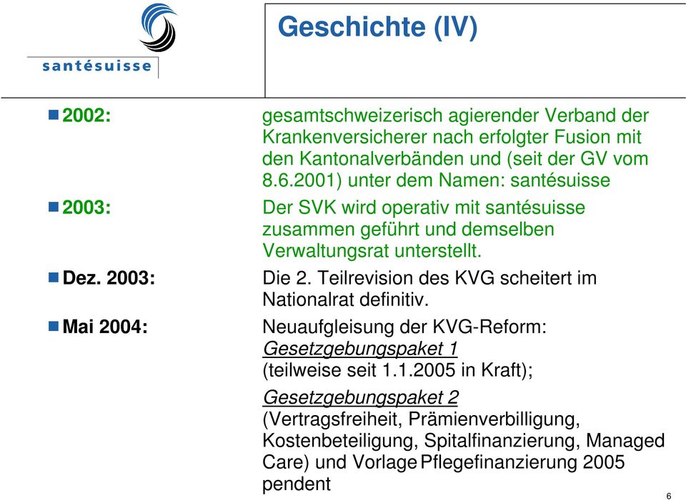 2003: Mai 2004: Die 2. Teilrevision des KVG scheitert im Nationalrat definitiv. Neuaufgleisung der KVG-Reform: Gesetzgebungspaket 1 