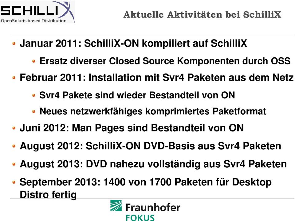 Neues netzwerkfähiges komprimiertes Paketformat Juni 2012: Man Pages sind Bestandteil von ON August 2012: SchilliX ON DVD
