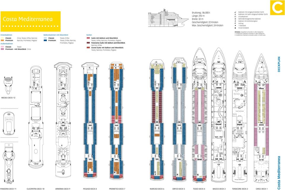 Costa Deluxe Flavia Deck Plan Broschüre W Nautiques Schiffe Interieur 