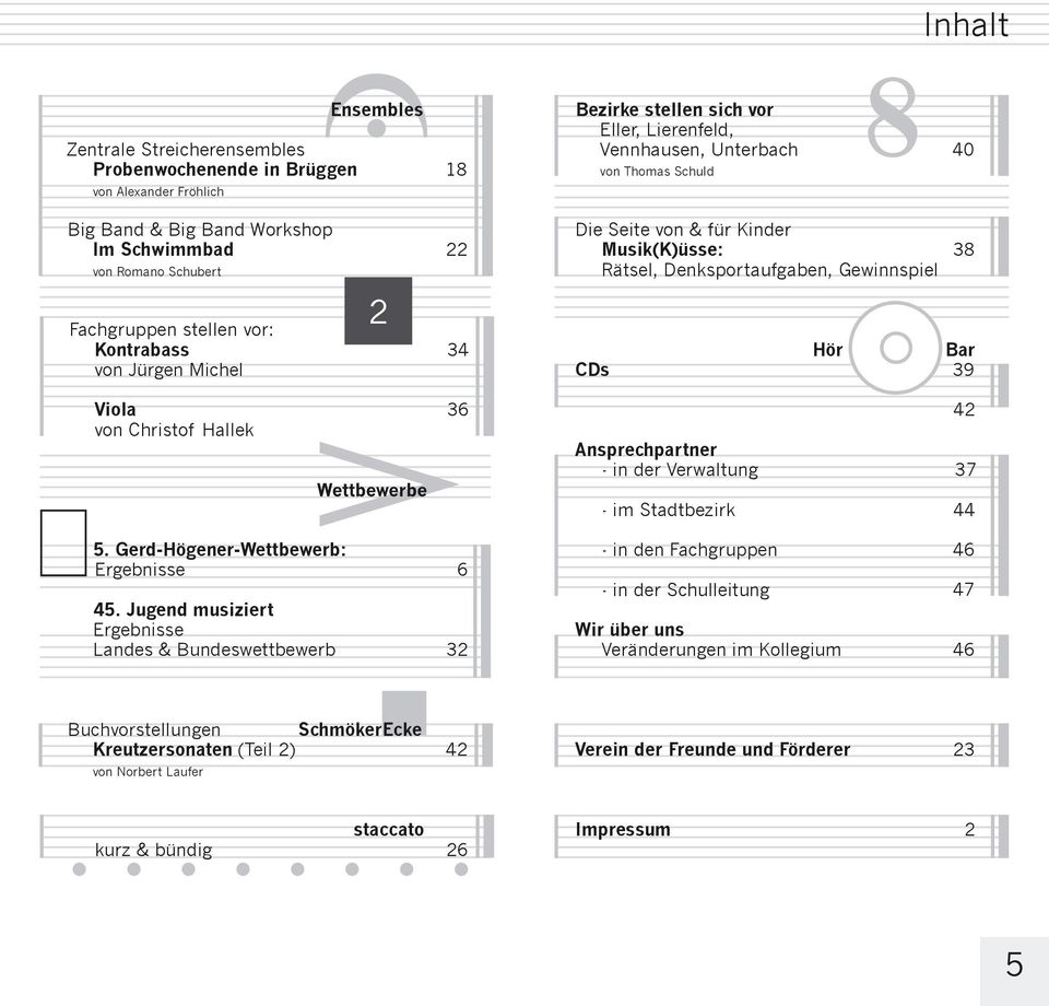 Denksportaufgaben, Gewinnspiel Hör Bar CDs 39 42 Ansprechpartner - in der Verwaltung 37 - im Stadtbezirk 44 5. Gerd-Högener-Wettbewerb: Ergebnisse 6 45.