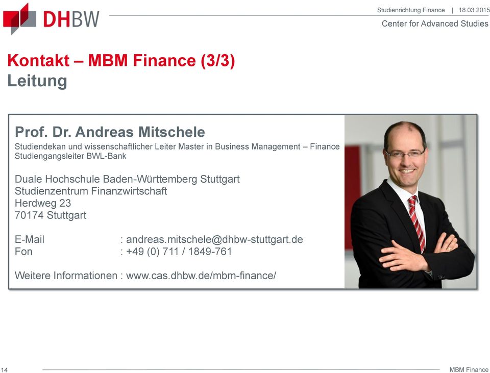 Finance Studiengangsleiter BWL-Bank Duale Hochschule Baden-Württemberg Stuttgart Studienzentrum