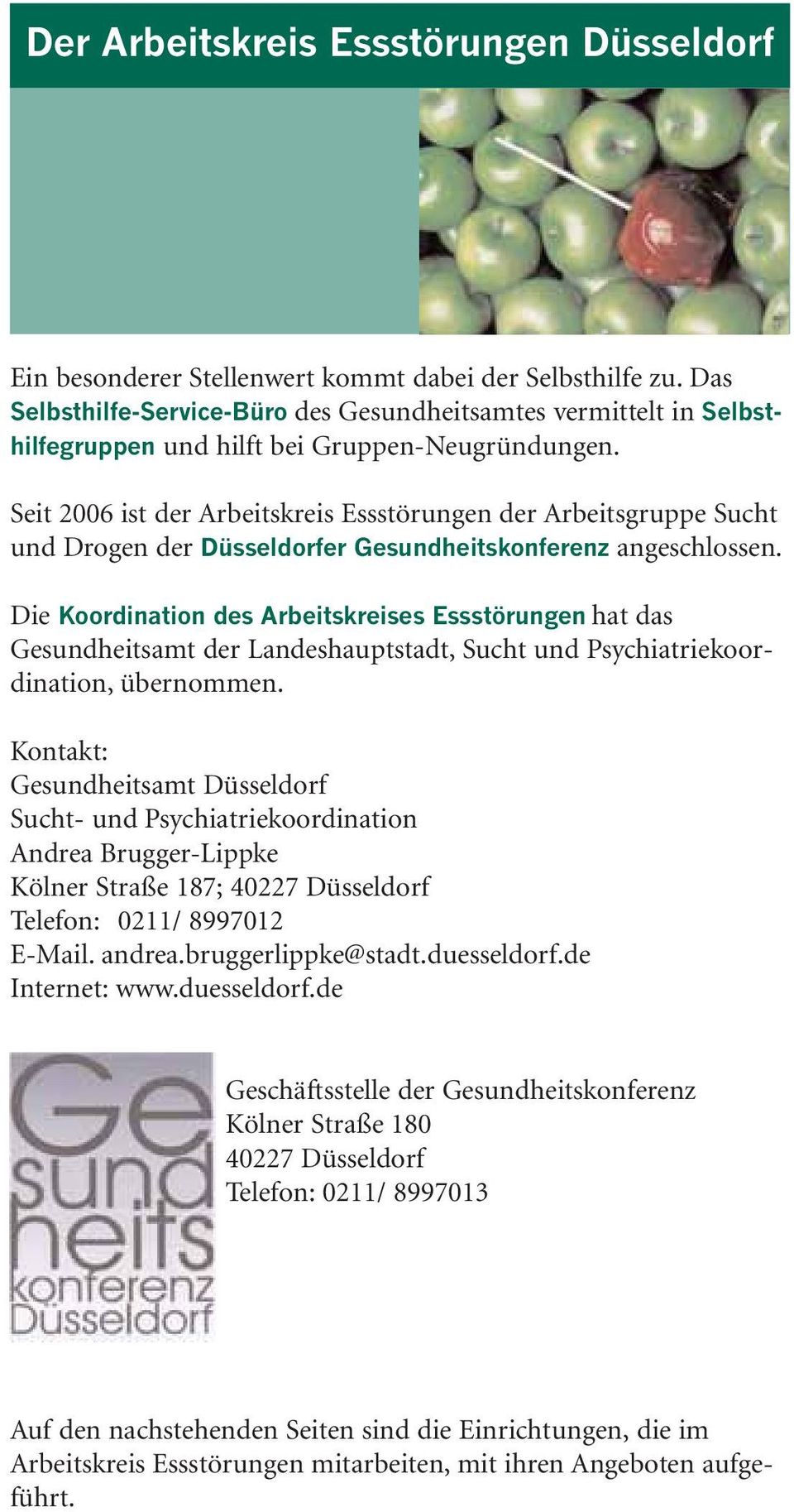 Seit 2006 ist der Arbeitskreis Essstörungen der Arbeitsgruppe Sucht und Drogen der Düsseldorfer Gesundheitskonferenz angeschlossen.