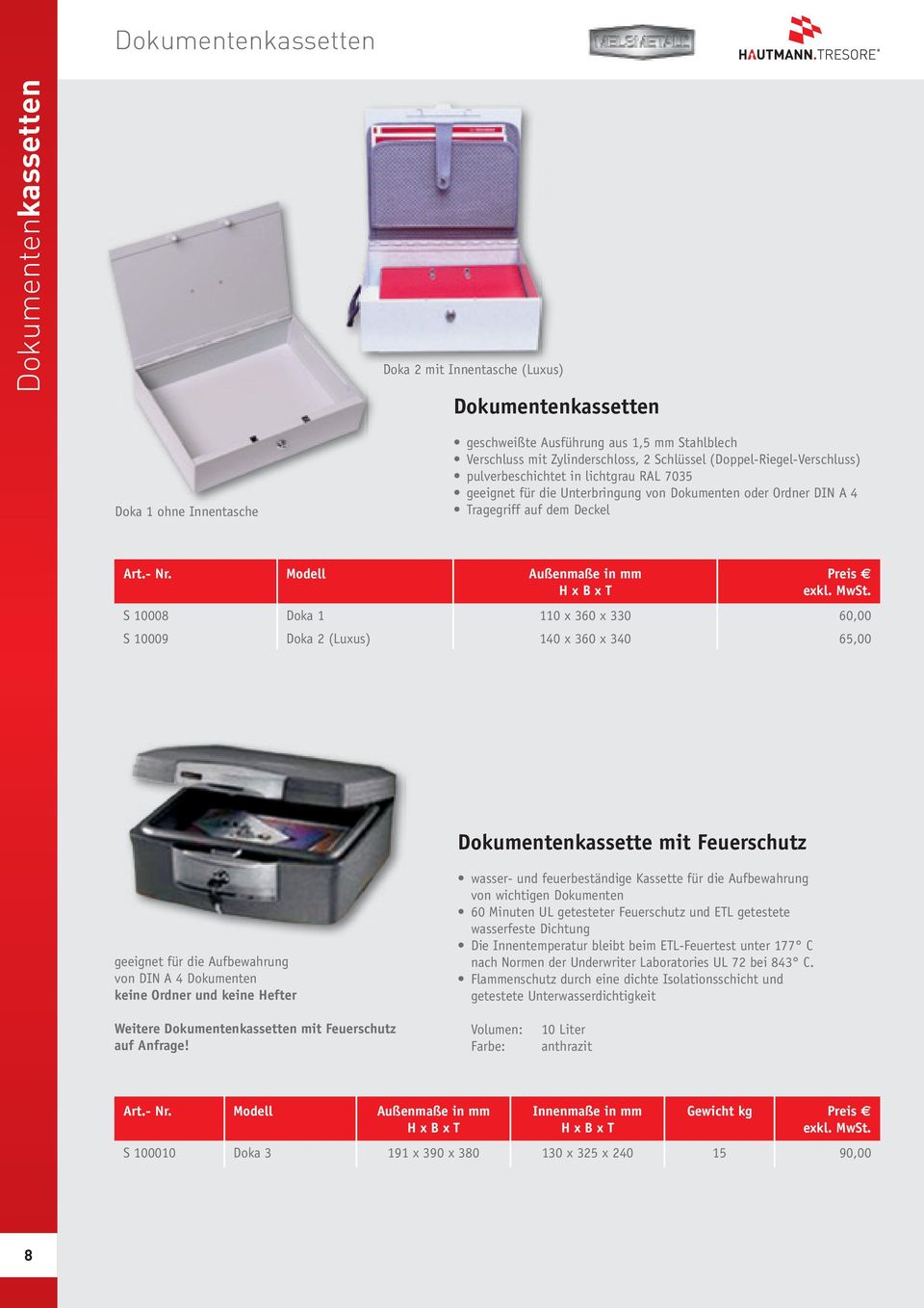 60,00 S 10009 Doka 2 (Luxus) 140 x 360 x 340 65,00 Dokumentenkassette mit Feuerschutz geeignet für die Aufbewahrung von DIN A 4 Dokumenten keine Ordner und keine Hefter wasser- und feuerbeständige