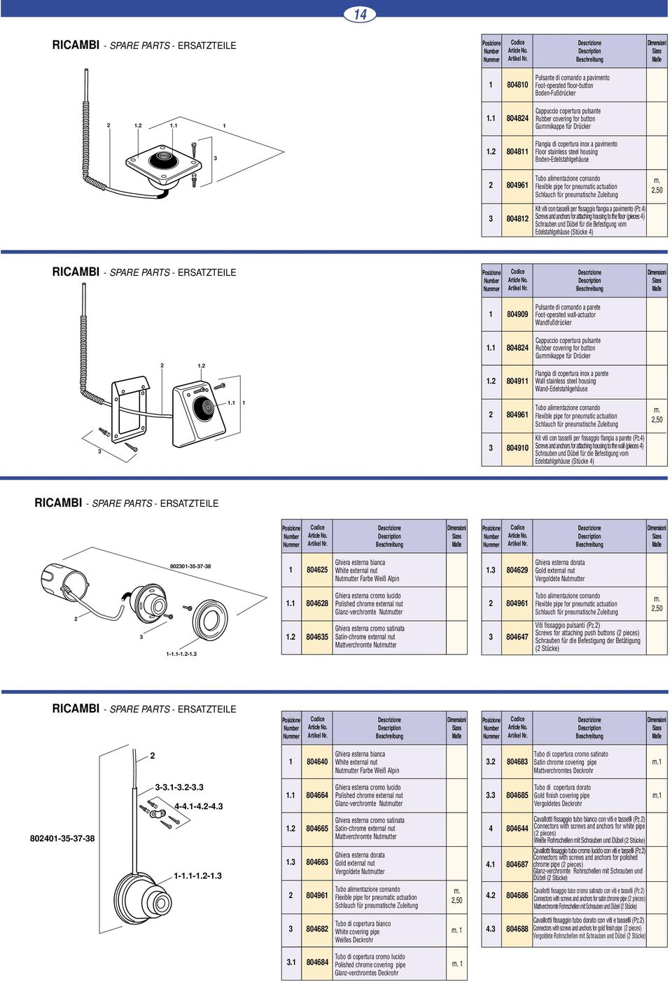 2 804811 Flangia di copertura inox a pavimento Floor stainless steel housing Boden-Edelstahlgehäuse 2 804961 3 804812 Tubo alimentazione comando Flexible pipe for pneumatic actuation Schlauch für