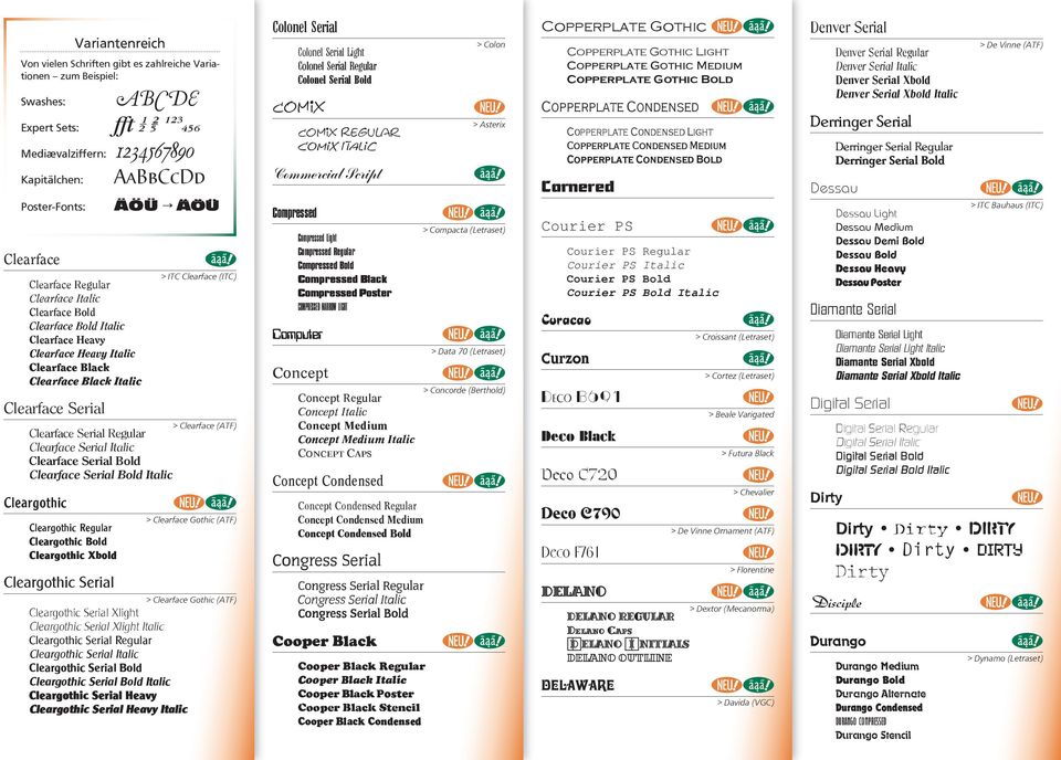 Cleargothic Serial Variantenreich Von vielen Schriften gibt es zahlreiche Variationen zum Beispiel: Swashes: Expert Sets: ABCDE Mediævalziffern: 1234567890 Kapitälchen: Poster-Fonts: AaBbCcDd ÄÖÜ ÄÖÜ