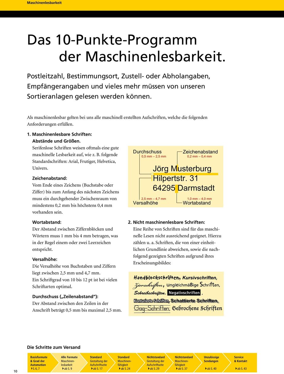 Serifenlose Schriften weisen oftmals eine gute maschinelle Lesbarkeit auf, wie z. B. folgende schriften: Arial, Frutiger, Helvetica, Univers.