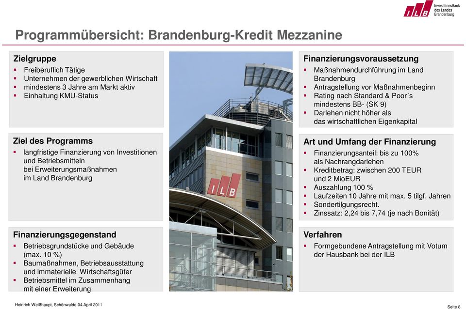 10 %) Baumaßnahmen, Betriebsausstattung und immaterielle Wirtschaftsgüter Betriebsmittel im Zusammenhang mit einer Erweiterung Finanzierungsvoraussetzung Maßnahmendurchführung im Land Brandenburg