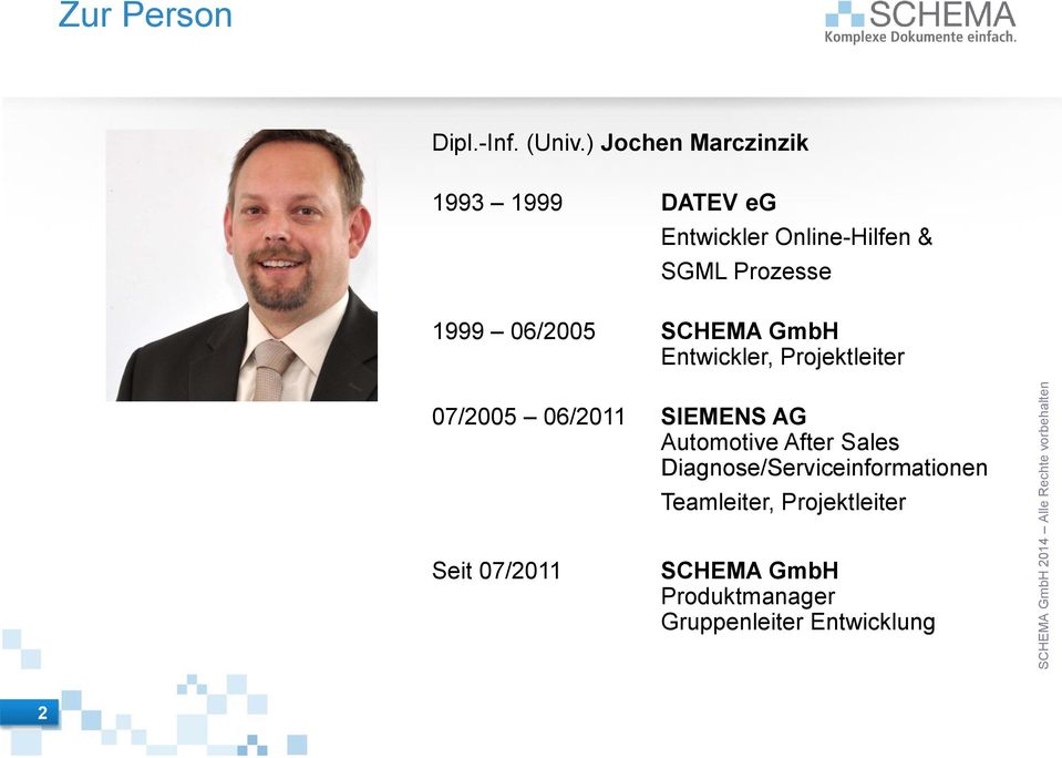 1999 06/2005 SCHEMA GmbH Entwickler, Projektleiter 07/2005 06/2011 SIEMENS AG