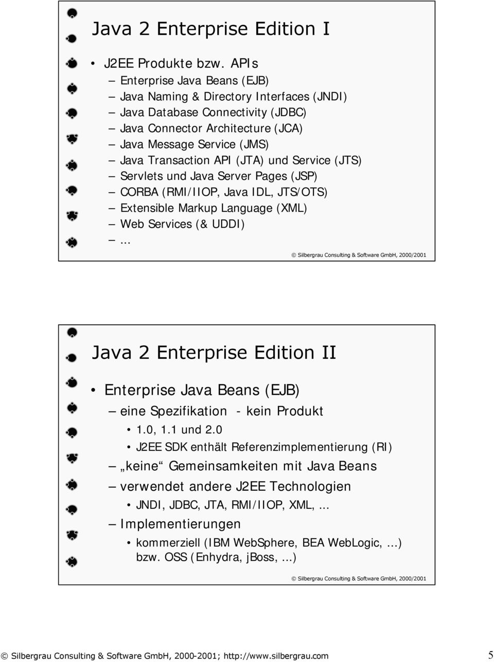 API (JTA) und Service (JTS) Servlets und Java Server Pages (JSP) CORBA (RMI/IIOP, Java IDL, JTS/OTS) Extensible Markup Language (XML) Web Services (& UDDI).