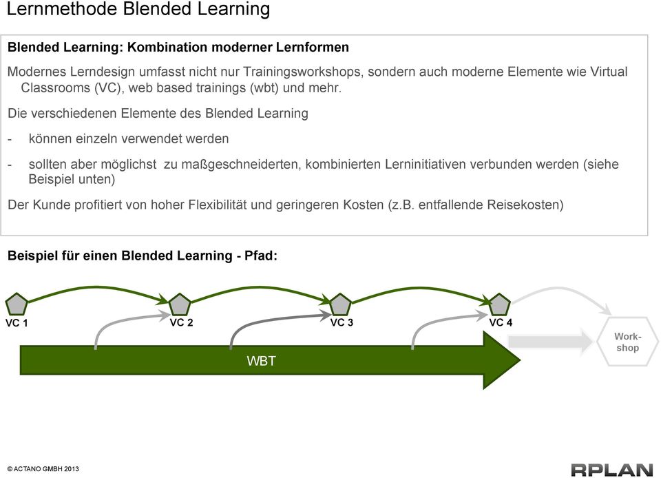 Die verschiedenen Elemente des Blended Learning - können einzeln verwendet werden - sollten aber möglichst zu maßgeschneiderten, kombinierten