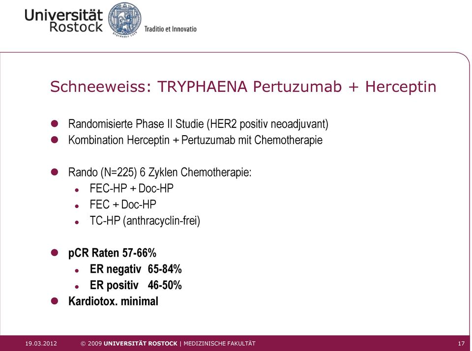 Chemotherapie: FEC-HP + Doc-HP FEC + Doc-HP TC-HP (anthracyclin-frei) pcr Raten 57-66% ER