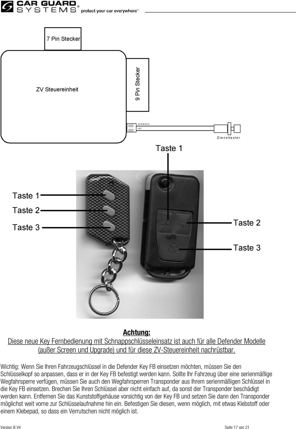 Wichtig: Wenn Sie Ihren Fahrzeugschlüssel in die Defender Key FB einsetzen möchten, müssen Sie den Schlüsselkopf so anpassen, dass er in der Key FB befestigt werden kann.