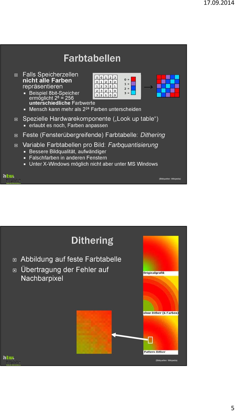 Dithering Variable Farbtabellen pro Bild: Farbquantisierung Bessere Bildqualität, aufwändiger Falschfarben in anderen Fenstern Unter X-Windows