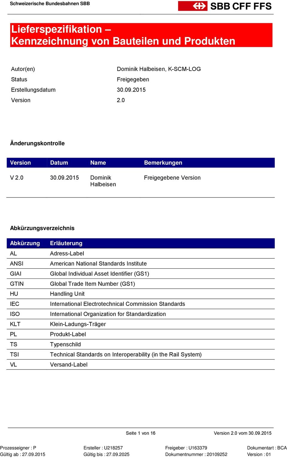 2015 Dominik Halbeisen Freigegebene Version Abkürzungsverzeichnis Abkürzung AL ANSI GIAI GTIN HU IEC ISO KLT PL TS TSI VL Erläuterung AdressLabel American National Standards Institute