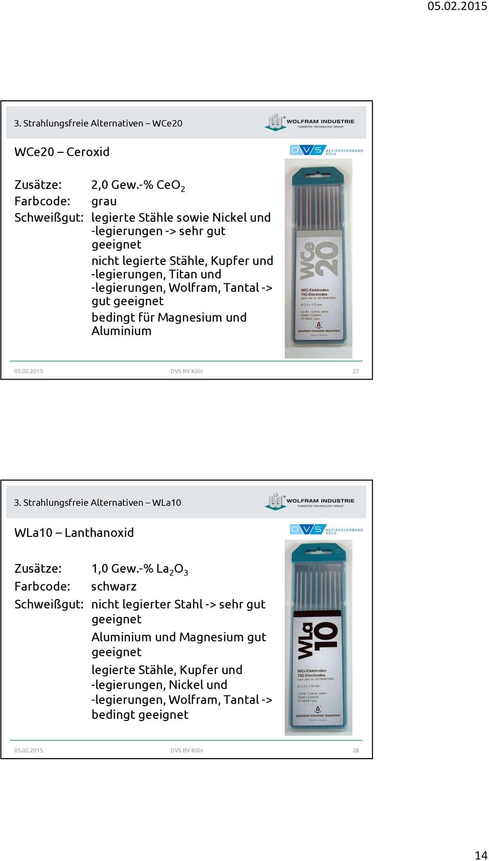 -legierungen, Wolfram, Tantal -> gut geeignet bedingt für Magnesium und Aluminium 05.02.2015 DVS BV Köln 27 3.