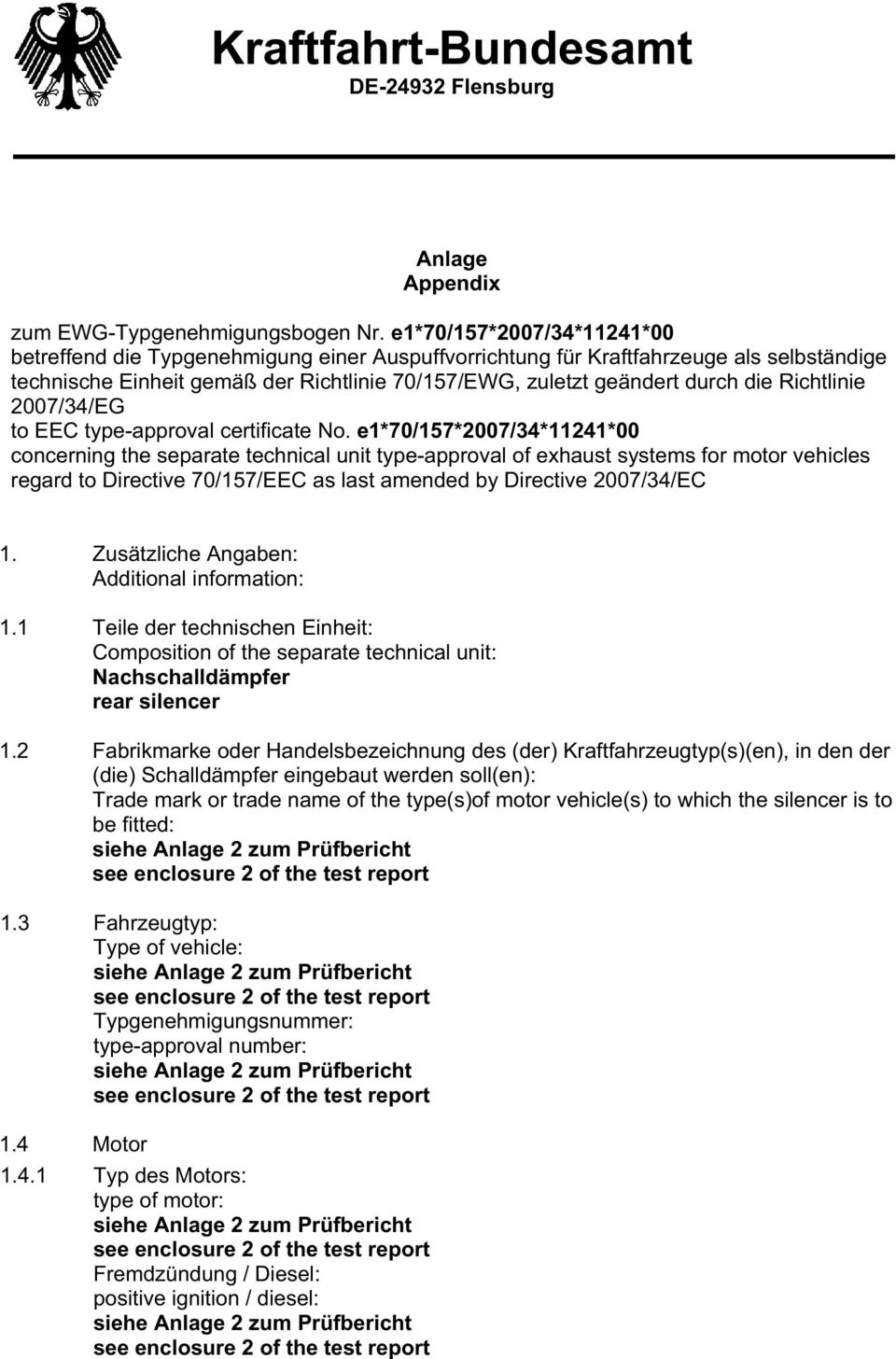 Richtlinie 2007/34/EG to EEC type-approval certificate No.