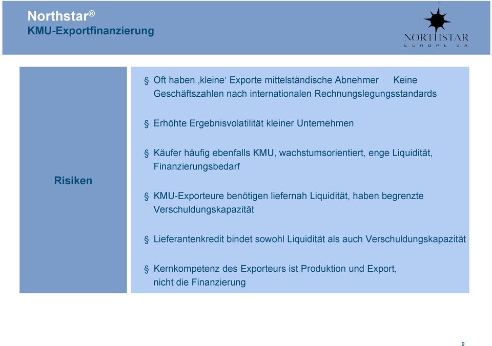 enge Liquidität, Finanzierungsbedarf KMU-Exporteure benötigen liefernah Liquidität, haben begrenzte Verschuldungskapazität