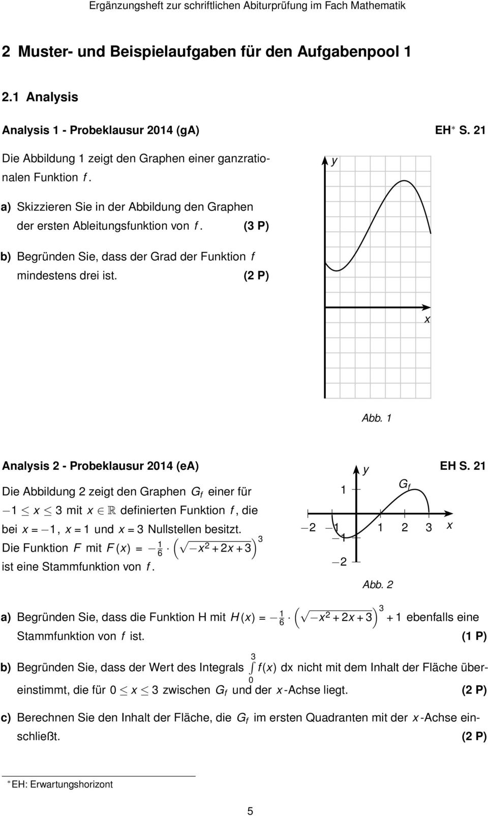 1 Analysis 2 - Probeklausur 2014 (ea) y EH S. 21 Die Abbildung 2 zeigt den Graphen G f einer für 1 1 x 3 mit x R definierten Funktion f, die bei x = 1, x = 1 und x = 3 Nullstellen besitzt.