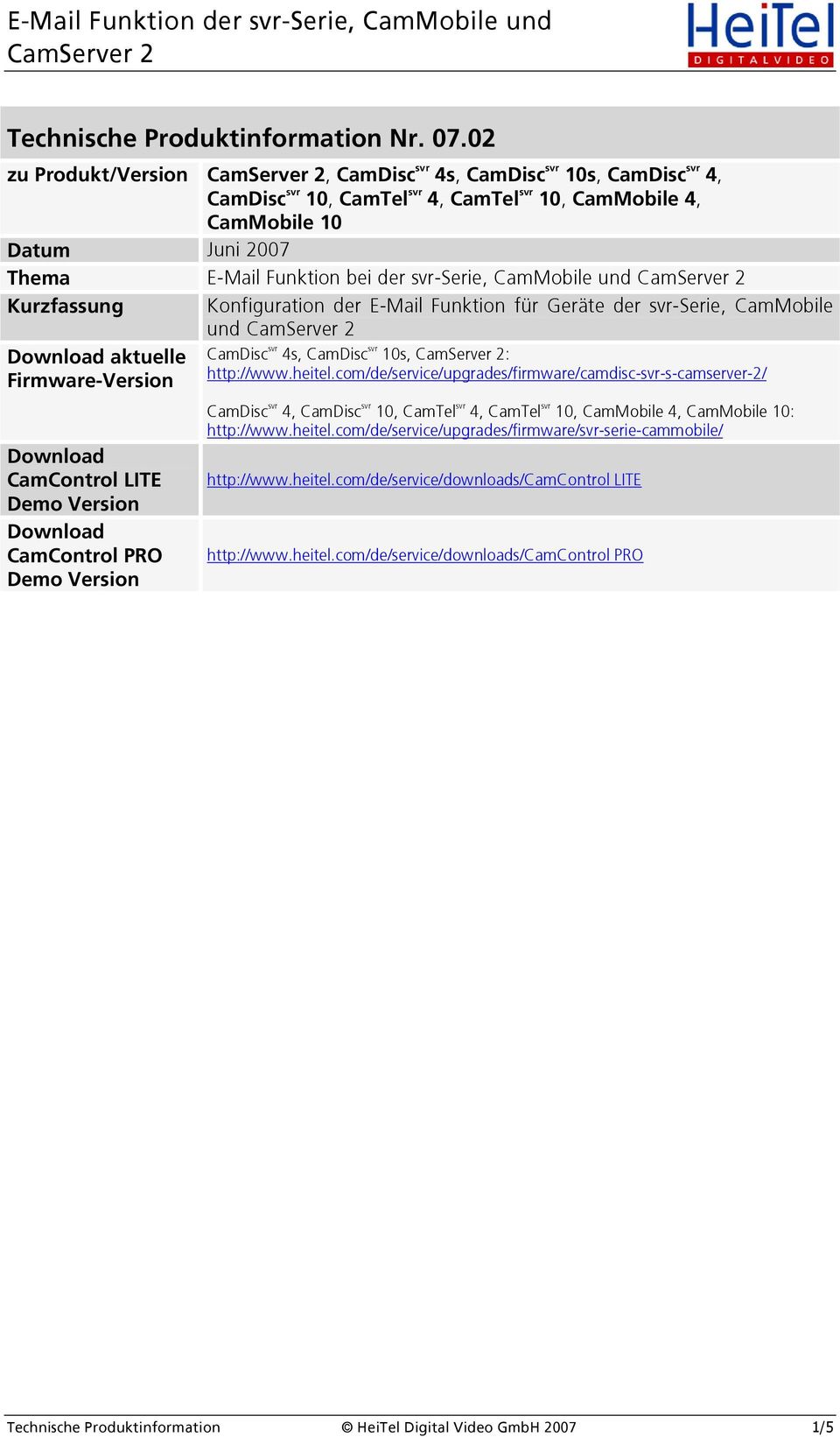 CamMobile und Kurzfassung Konfiguration der E-Mail Funktion für Geräte der svr-serie, CamMobile und Download aktuelle Firmware-Version Download CamControl LITE Demo Version Download CamControl PRO