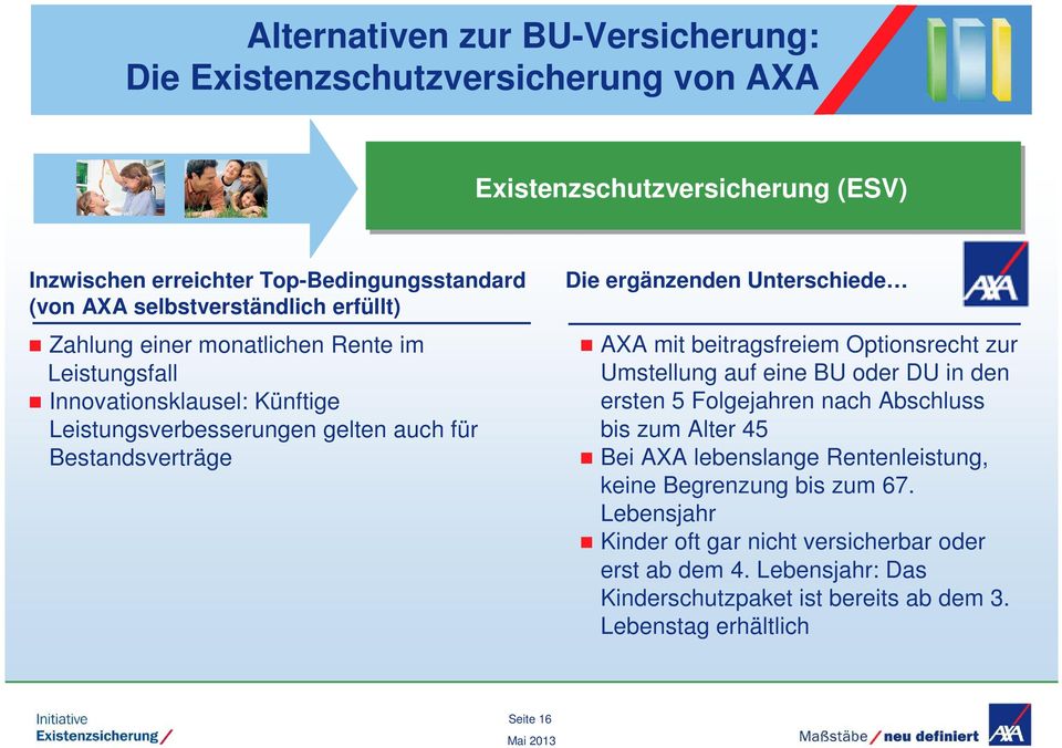 ergänzenden Unterschiede AXA mit beitragsfreiem Optionsrecht zur Umstellung auf eine BU oder DU in den ersten 5 Folgejahren nach Abschluss bis zum Alter 45 Bei AXA lebenslange