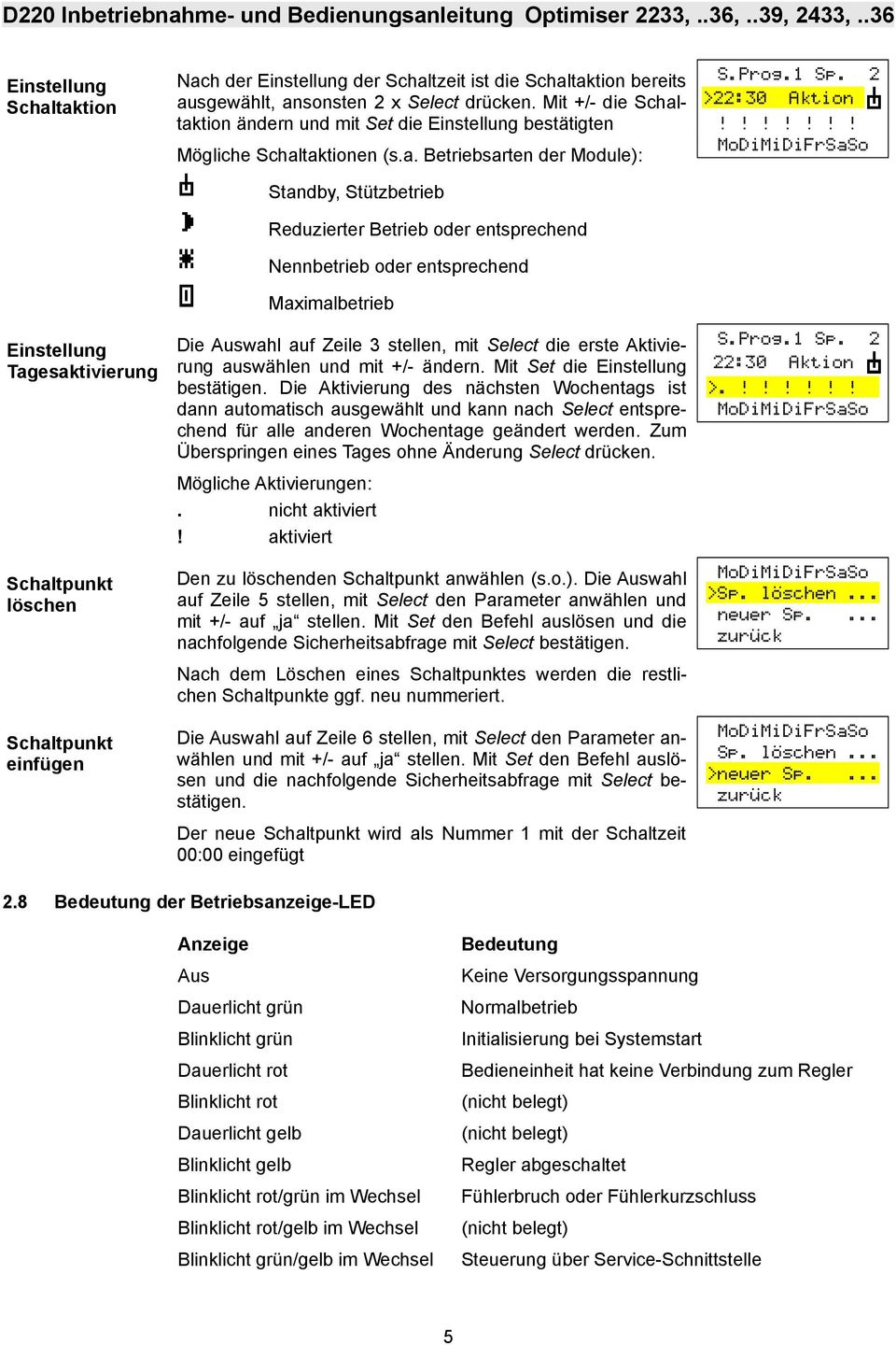 taktion ändern und mit Set die Einstellung bestätigten Mögliche Schaltaktionen (s.a. Betriebsarten der Module): Standby, Stützbetrieb Reduzierter Betrieb oder entsprechend Nennbetrieb oder