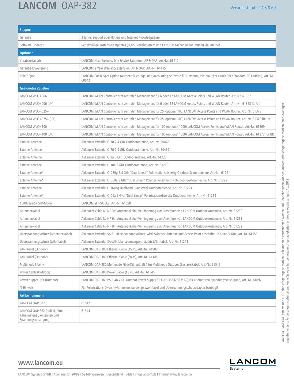 61412 LANCOM 2-Year Warranty Extension IAP & OAP, Art.-Nr. 61415 LANCOM Public Spot Option (Authentifizierungs- und Accounting-Software für Hotspots, inkl.