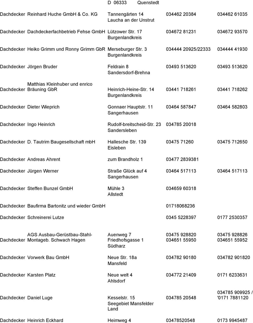 14 03441 718261 03441 718262 Dachdecker Dieter Wieprich Gonnaer Hauptstr. 11 03464 587847 03464 582803 Dachdecker Ingo Heinrich Rudolf-breitscheid-Str. 23 034785 20018 Sandersleben Dachdecker D.