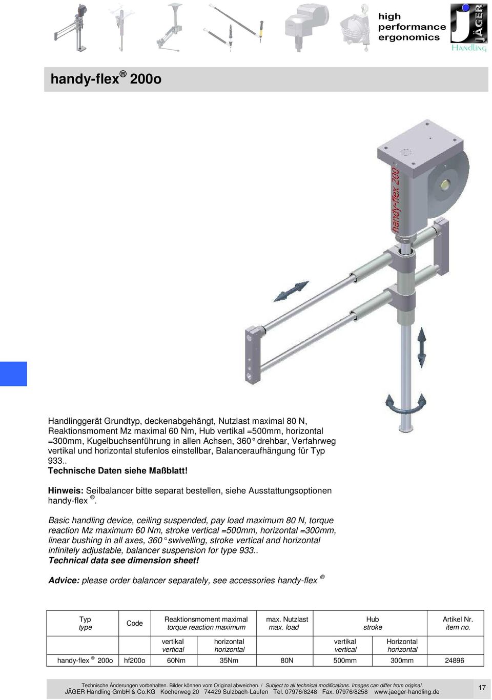 Basic handling device, ceiling suspended, pay load maximum 80 N, torque reaction Mz maximum 60 Nm, stroke vertical =500mm, =300mm, linear bushing in all axes, 360 swivelling, stroke vertical and