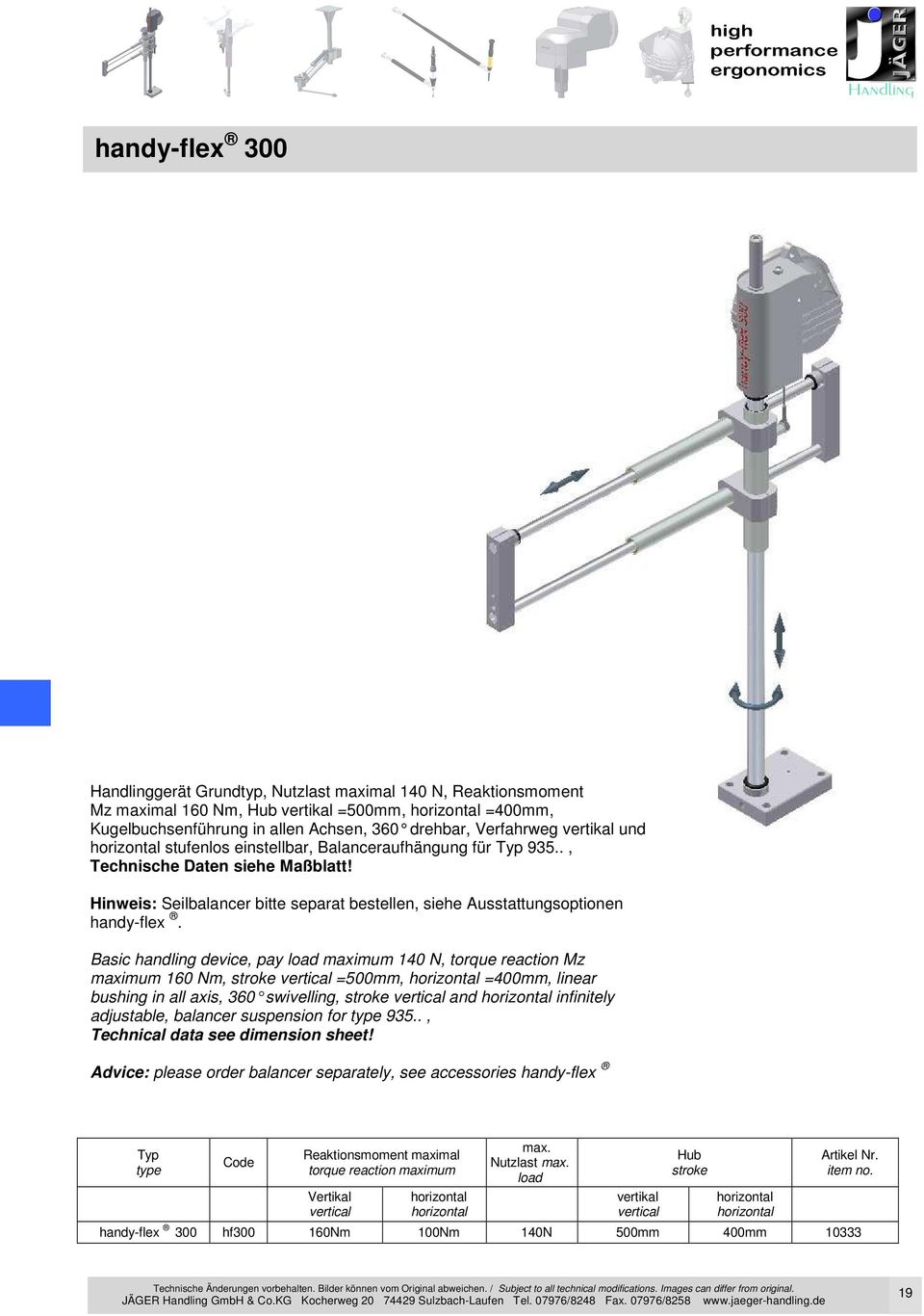 Basic handling device, pay load maximum 140 N, torque reaction Mz maximum 160 Nm, stroke vertical =500mm, =400mm, linear bushing in all axis, 360 swivelling, stroke vertic al and infinitely