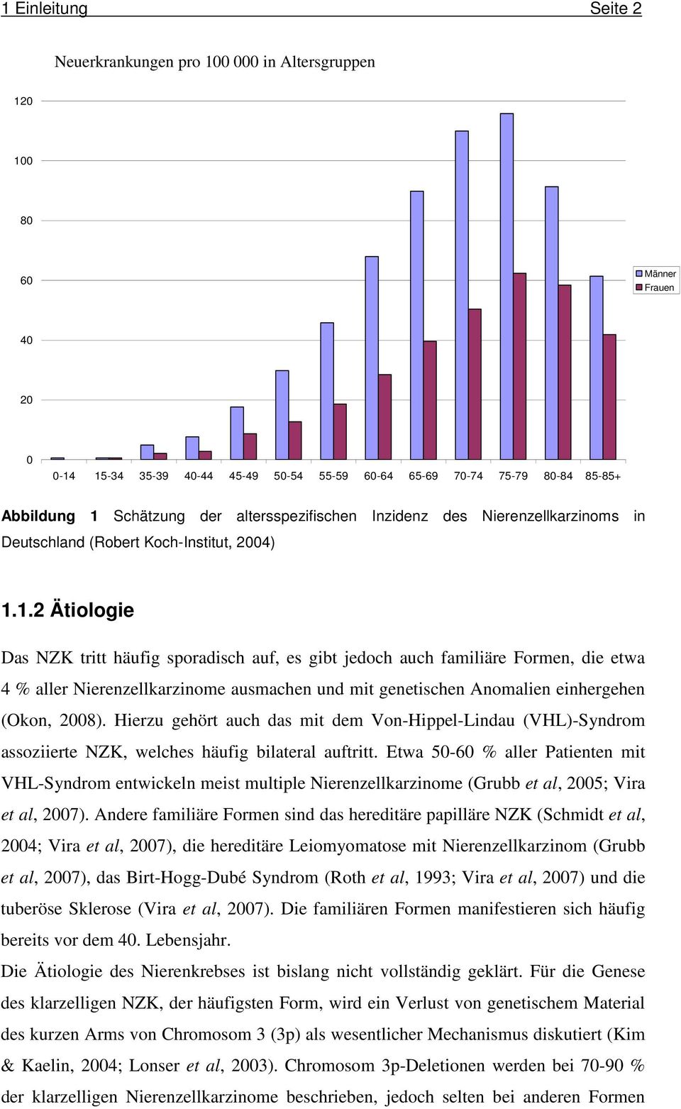 1.2 Ätiologie Das NZK tritt häufig sporadisch auf, es gibt jedoch auch familiäre Formen, die etwa 4 % aller Nierenzellkarzinome ausmachen und mit genetischen Anomalien einhergehen (Okon, 2008).