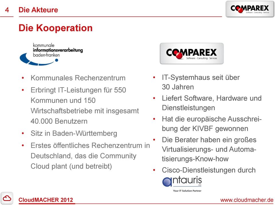 000 Benutzern Sitz in Baden-Württemberg Erstes öffentliches Rechenzentrum in Deutschland, das die Community Cloud plant (und
