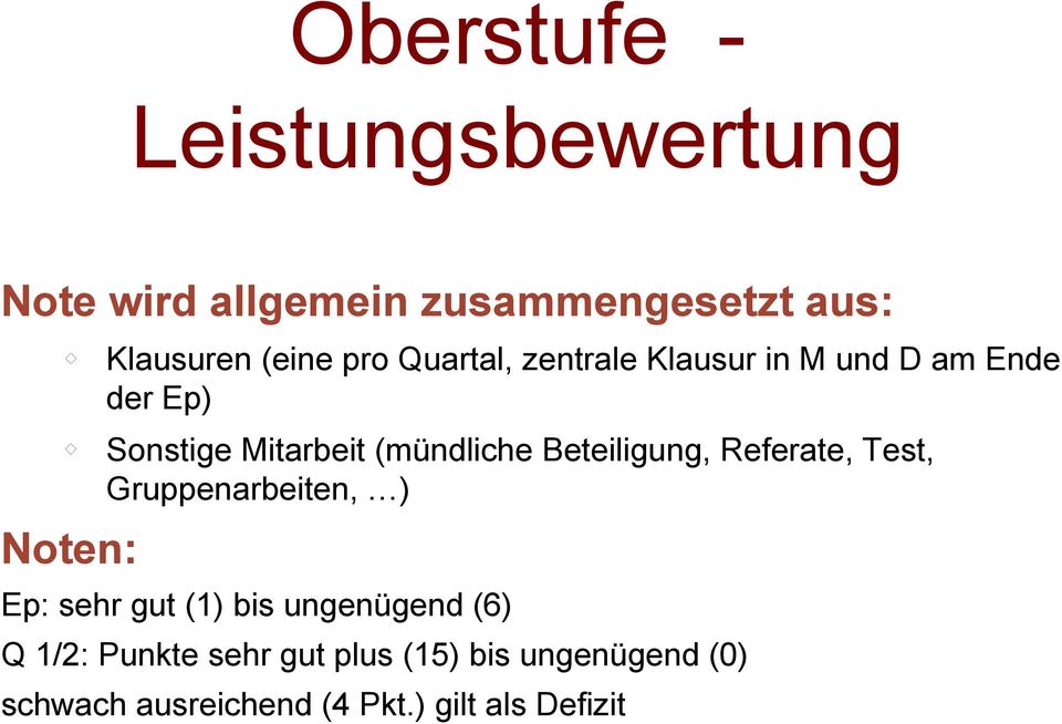 (mündliche Beteiligung, Referate, Test, Gruppenarbeiten, ) Ep: sehr gut (1) bis ungenügend