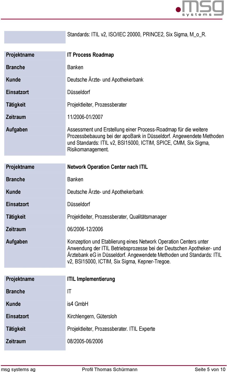 Prozessbebauung bei der apobank in Düsseldorf. Angewendete Methoden und Standards: IL v2, BSI15000, ICTIM, SPICE, CMM, Six Sigma, Risikomanagement.