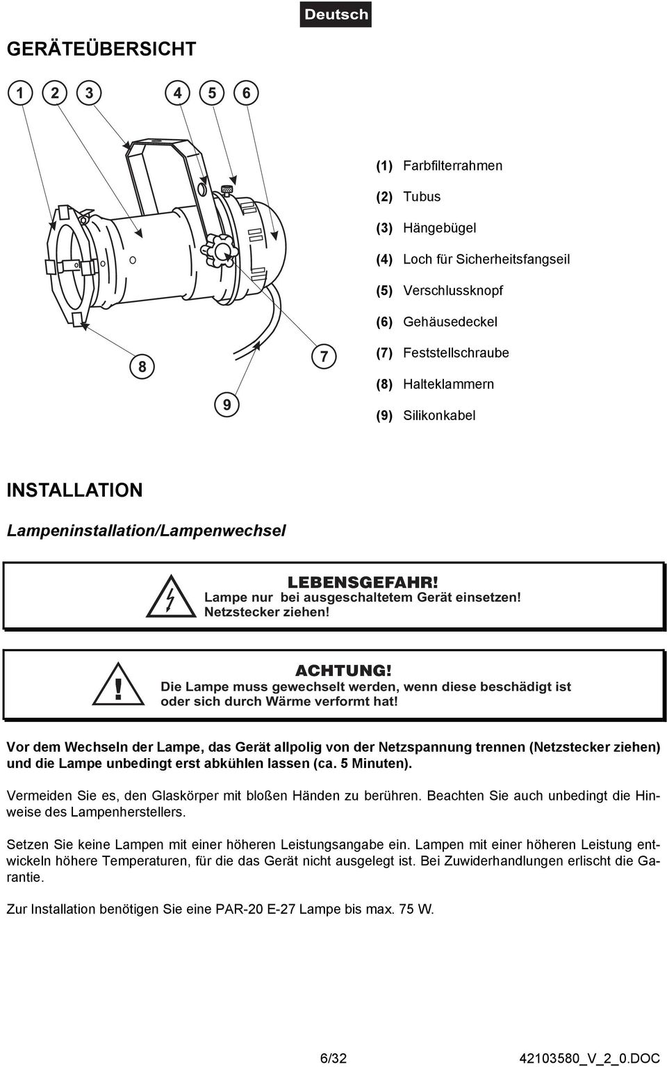 Die Lampe muss gewechselt werden, wenn diese beschädigt ist oder sich durch Wärme verformt hat!