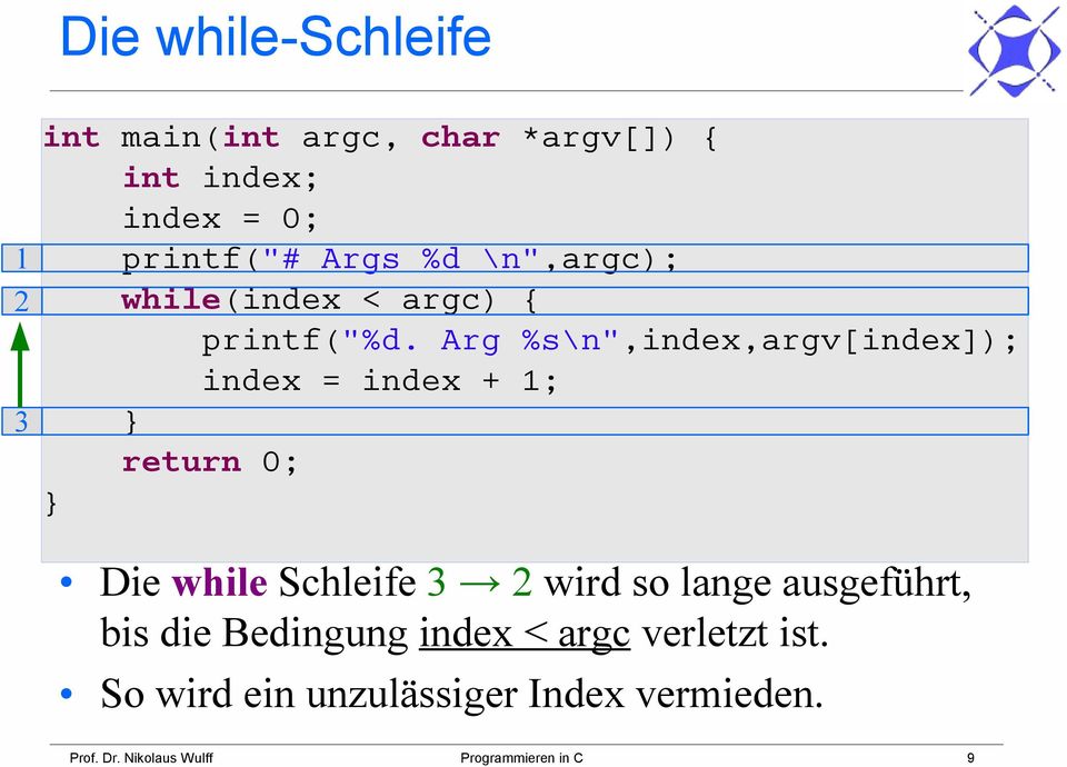 Arg %s\n",index,argv[index]); index = index + 1; return 0; Die while Schleife 3 2 wird so lange