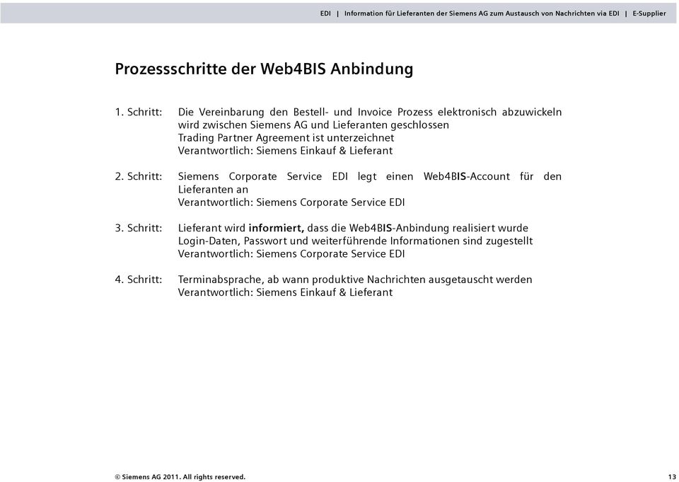 Verantwortlich: Siemens Einkauf & Lieferant 2. Schritt: Siemens Corporate Service EDI legt einen Web4BIS-Account für den Lieferanten an Verantwortlich: Siemens Corporate Service EDI 3.