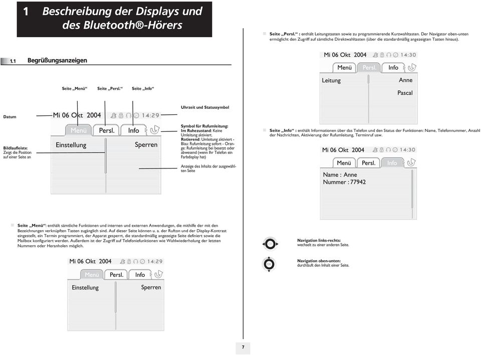 Seite Info Uhrzeit und Statussymbol Datum Bildlaufleiste: Zeigt die Position auf einer Seite an Symbol für Rufumleitung: Im Ruhezustand: Keine Umleitung aktiviert.