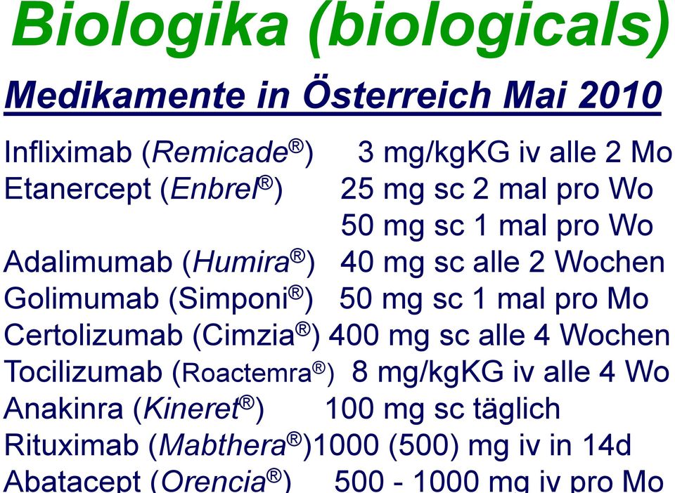 50 mg sc 1 mal pro Mo Certolizumab (Cimzia ) 400 mg sc alle 4 Wochen Tocilizumab (Roactemra ) 8 mg/kgkg iv alle 4 Wo