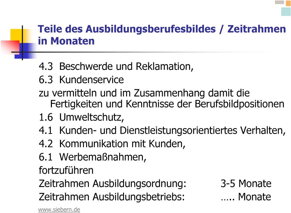 Berufsbildpositionen 1.6 Umweltschutz, 4.1 Kunden- und Dienstleistungsorientiertes Verhalten, 4.