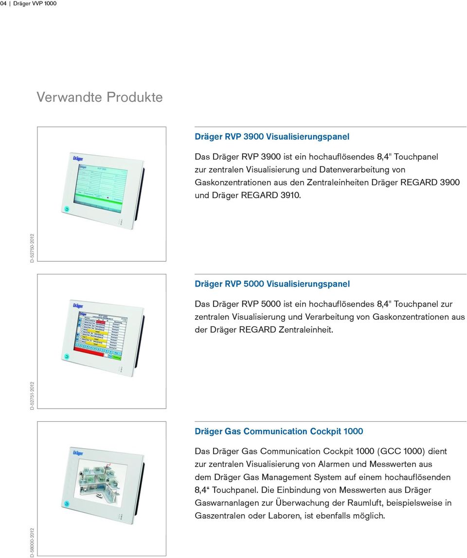 zur zentralen Visualisierung und Verarbeitung von Gaskonzentrationen aus der Dräger REGARD Zentraleinheit Dräger Gas Communication Cockpit 1000 D-58000-2012 Das Dräger Gas Communication Cockpit 1000