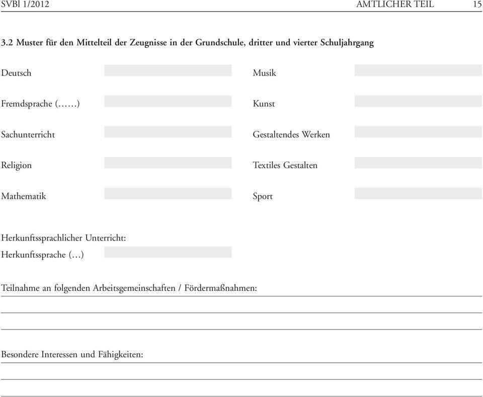 Deutsch Musik Fremdsprache ( ) Kunst Sachunterricht Gestaltendes Werken Religion Textiles Gestalten