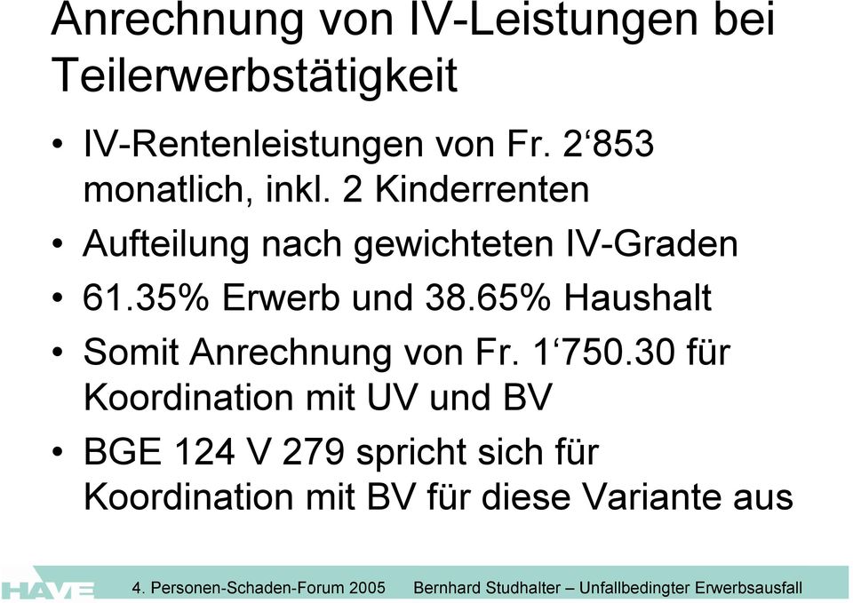 35% Erwerb und 38.65% Haushalt Somit Anrechnung von Fr. 1 750.