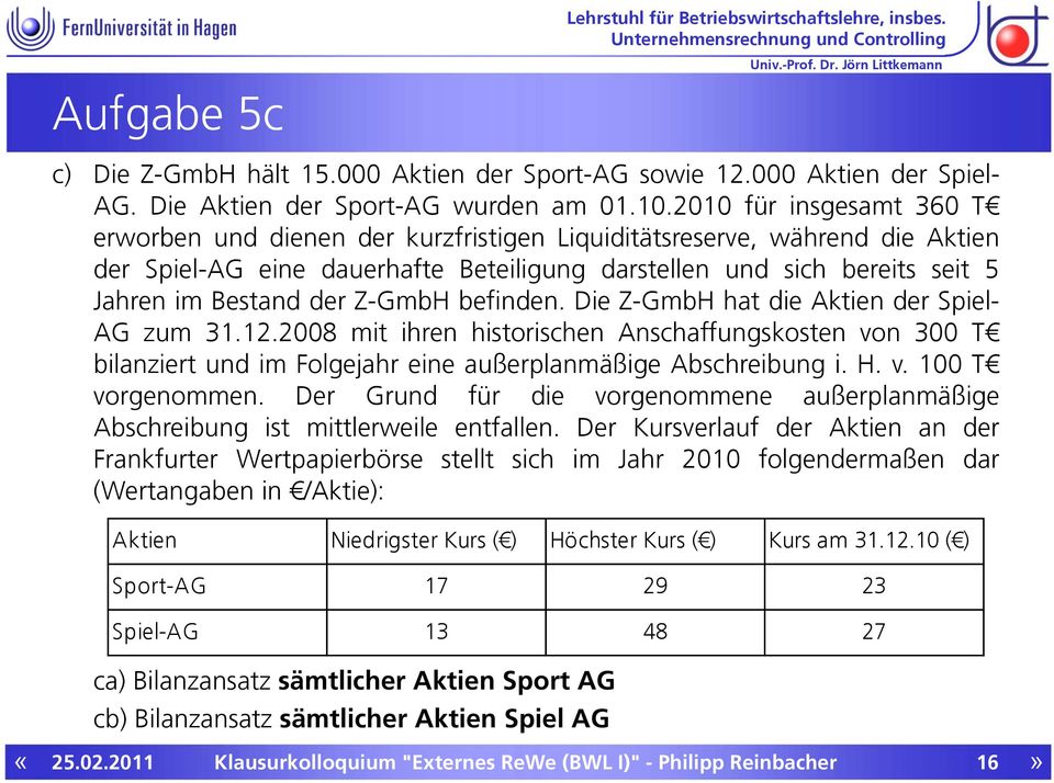 Z-GmbH befinden. Die Z-GmbH hat die Aktien der Spiel- AG zum 31.12.2008 mit ihren historischen Anschaffungskosten von 300 T bilanziert und im Folgejahr eine außerplanmäßige Abschreibung i. H. v. 100 T vorgenommen.
