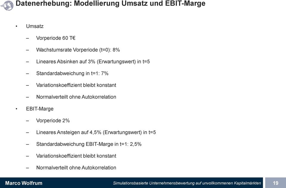 EBIT-Marge Vorperiode 2% Lineares Ansteigen auf 4,5% (Erwartungswert) in t=5 Standardabweichung EBIT-Marge in t=1: 2,5%