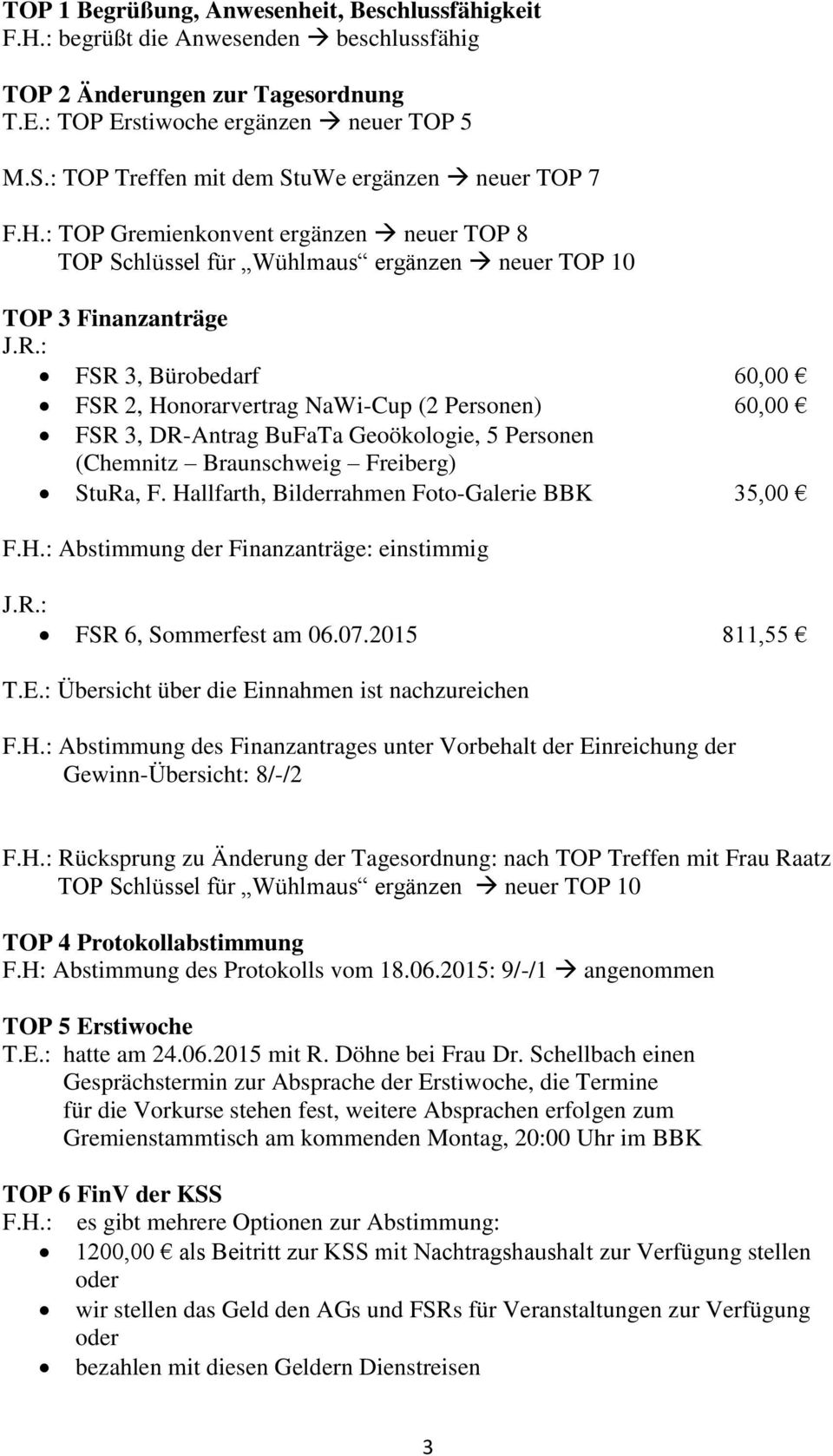 : FSR 3, Bürobedarf 60,00 FSR 2, Honorarvertrag NaWi-Cup (2 Personen) 60,00 FSR 3, DR-Antrag BuFaTa Geoökologie, 5 Personen (Chemnitz Braunschweig Freiberg) StuRa, F.