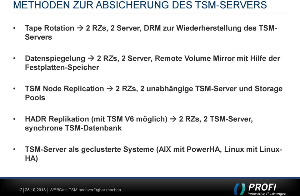 Replication 2 RZs, 2 unabhängige TSM-Server und Storage Pools HADR Replikation (mit TSM V6 möglich) 2 RZs, 2