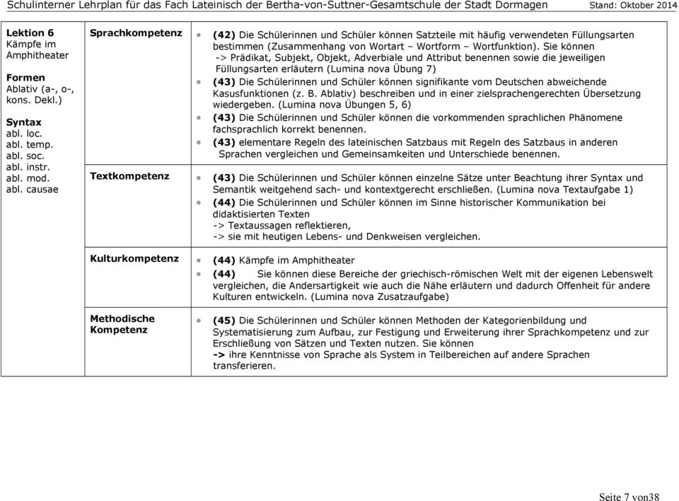 Sie können -> Prädikat, Subjekt, Objekt, Adverbiale und Attribut benennen sowie die jeweiligen Füllungsarten erläutern (Lumina nova Übung 7) (43) Die Schülerinnen und Schüler können signifikante vom